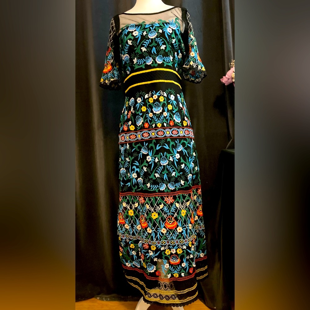 Anthropologie Black Floral Embroidered Maxi Dress